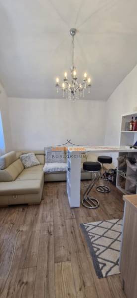 Living room in a 2-room apartment with a sofa, bar stools, and a wooden decor floor.