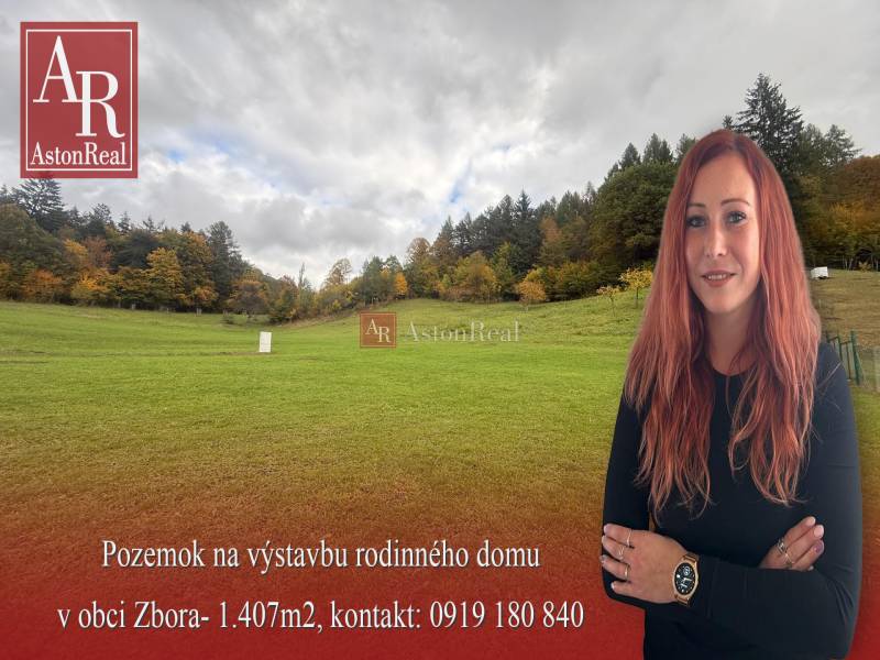 A woman in front of a construction plot in Zbora, Zbora Street, with contact information.