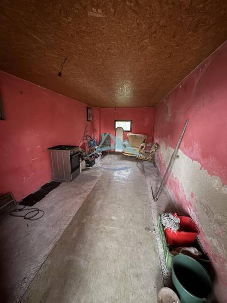 A room in a family house with red walls, a wooden decor ceiling, and simple furnishings.