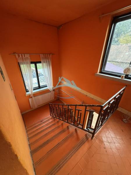 Orange walls of the staircase with metal railing in a family house.