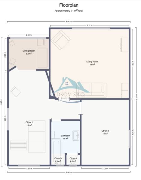 Floor plan of a family house with a living room, dining room, bathroom, and other rooms, totaling 71 m².