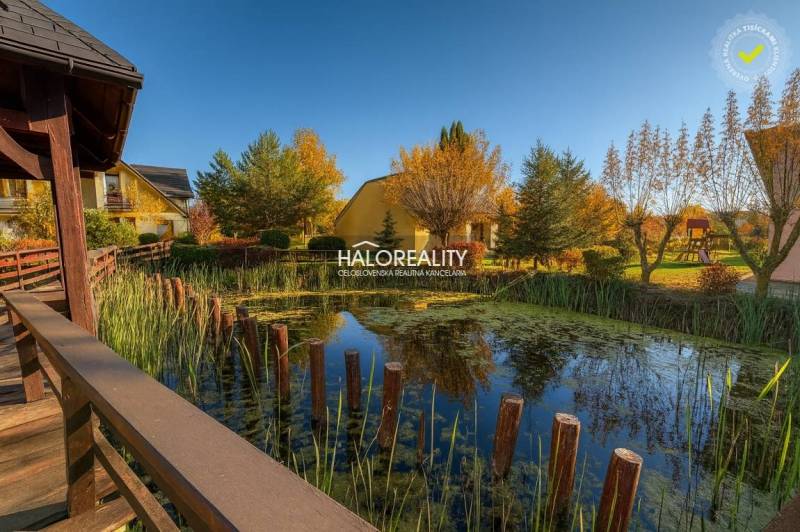 A wooden bridge by the lake with a gazebo in the beautiful autumn setting of Liptovský Mikuláš.