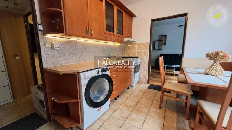 A kitchen in a studio apartment with a washing machine and a dining table, wooden decor flooring.