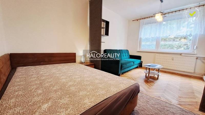 A room in a one-room apartment with a bed, a sofa, and a wooden decor floor.