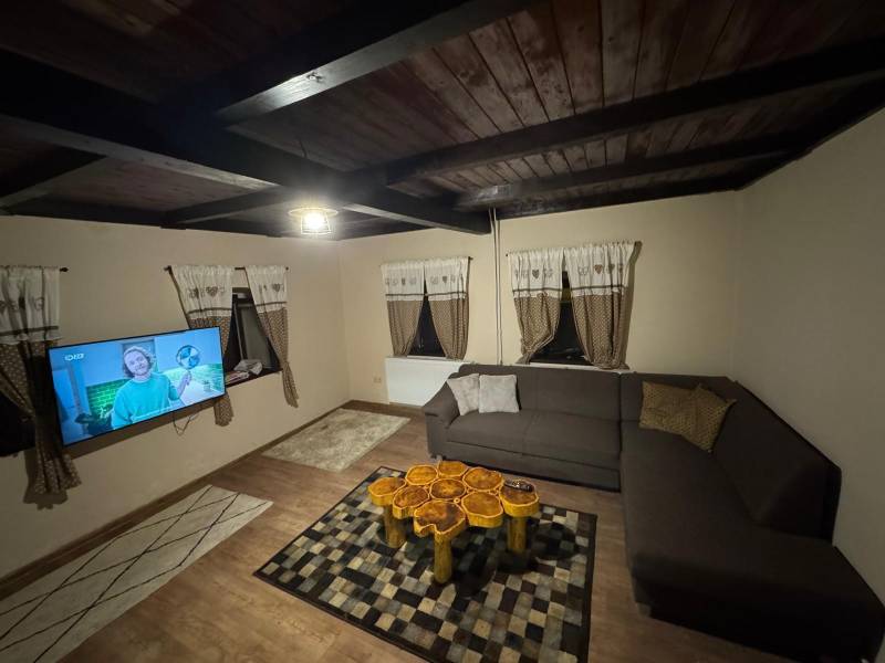 A living room interior in a cabin with a comfortable sofa, TV, and a wooden decor floor.