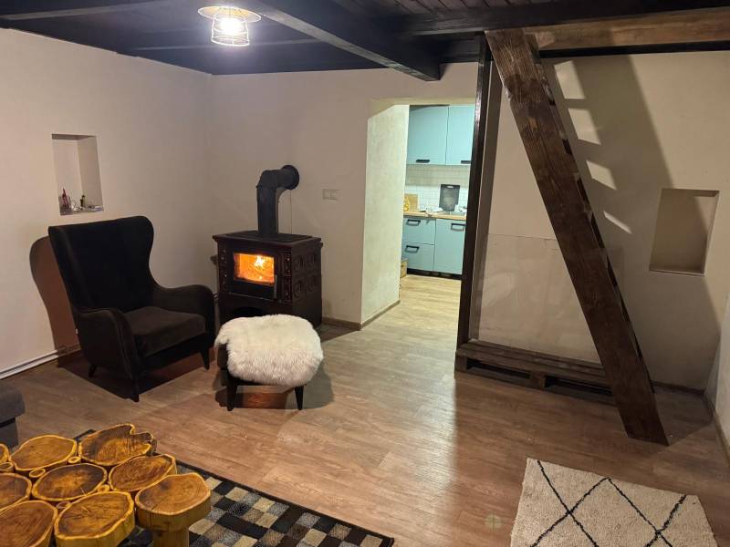 The interior of a cabin with a fireplace, an armchair, and a wooden-patterned floor.