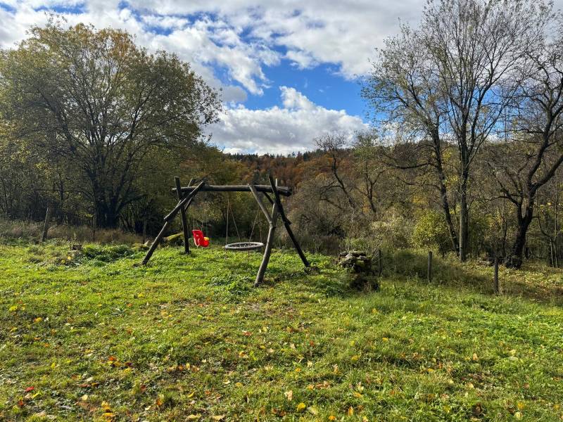 A swing on a grassy area near a cottage in Píla, surrounded by autumn nature.