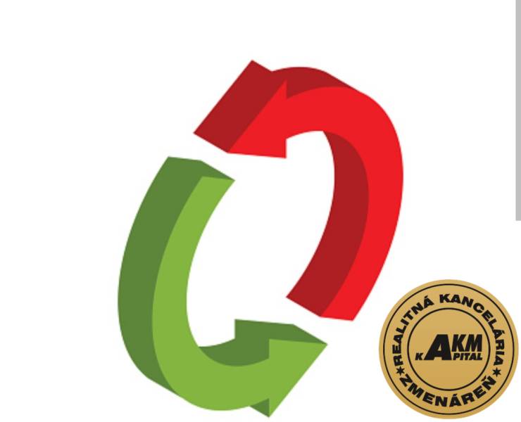 Two colored curved arrows, green and red, with the real estate agency logo.