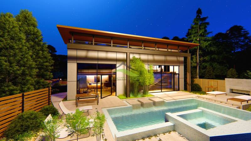 Night scene of a two-story house with a pool, suitable for plots - living in Vinné.
