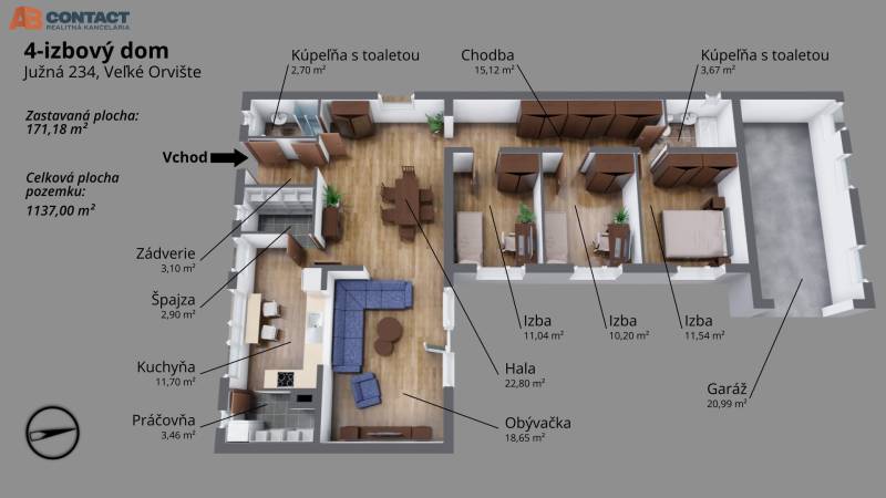 Floor plan of a family house with a room, kitchen, living room, garage, and bathrooms on South Street.