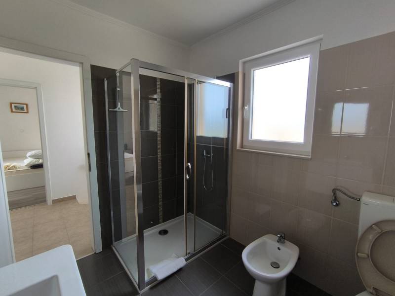 A bathroom with a modern shower and bidet in a 3-room apartment.