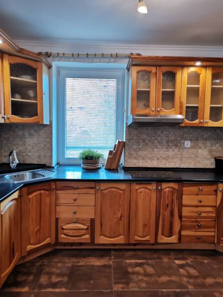 A kitchen in a family house with wooden cabinets and a dark countertop.