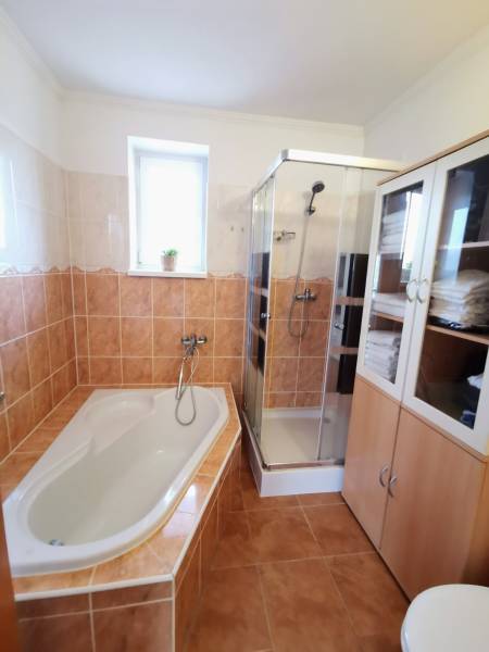The family house has a bathroom with a bathtub, a shower, and a cabinet.