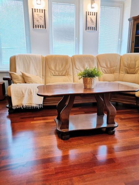 A comfortable sofa set and a table on a floor with a wooden decor in a family house.