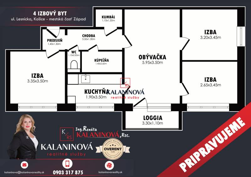 Floor plan of a 4-room apartment on Lesnícka Street, Košice - Západ district.