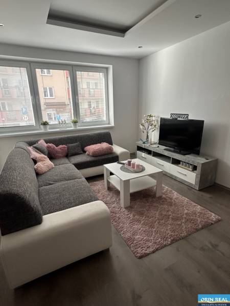 Living room with a sofa, television, carpet, and wooden decor flooring in a two-room apartment.