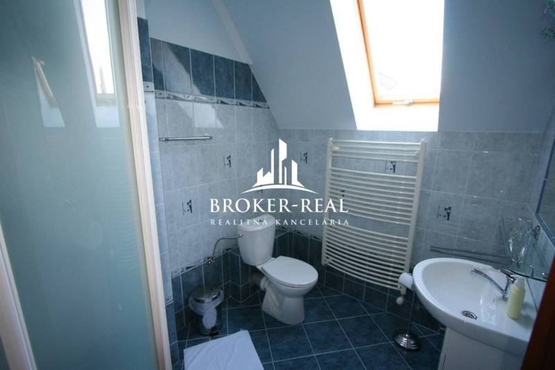 A bathroom with a skylight, toilet, and blue tiles in hotels and guesthouses.