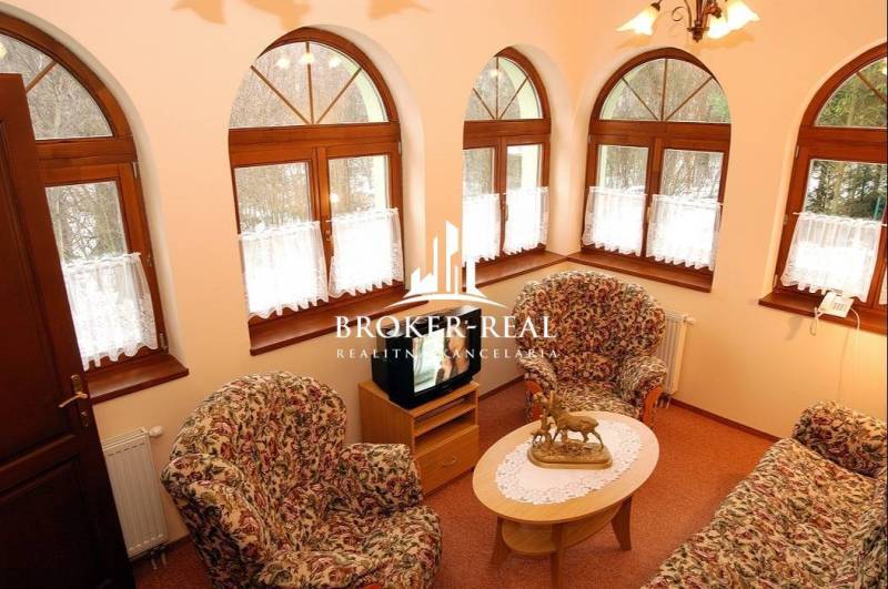 Living room with arched windows, patterned furniture, and a television. Hotels and guesthouses.