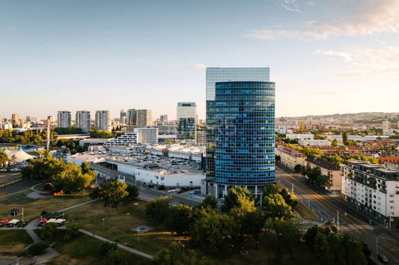 View of offices in Bratislava on Vajnorská Street with a panorama of the city.