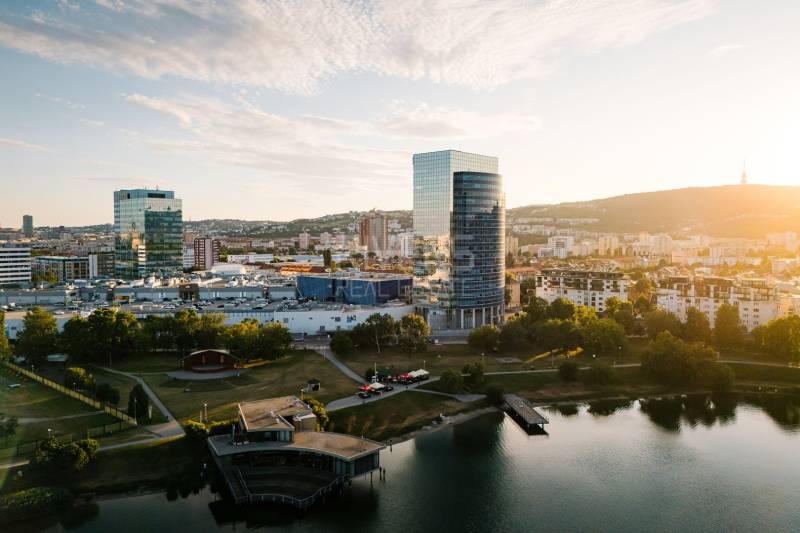 View of offices in Bratislava - Nové Mesto, Vajnorská, and towers by the lake.