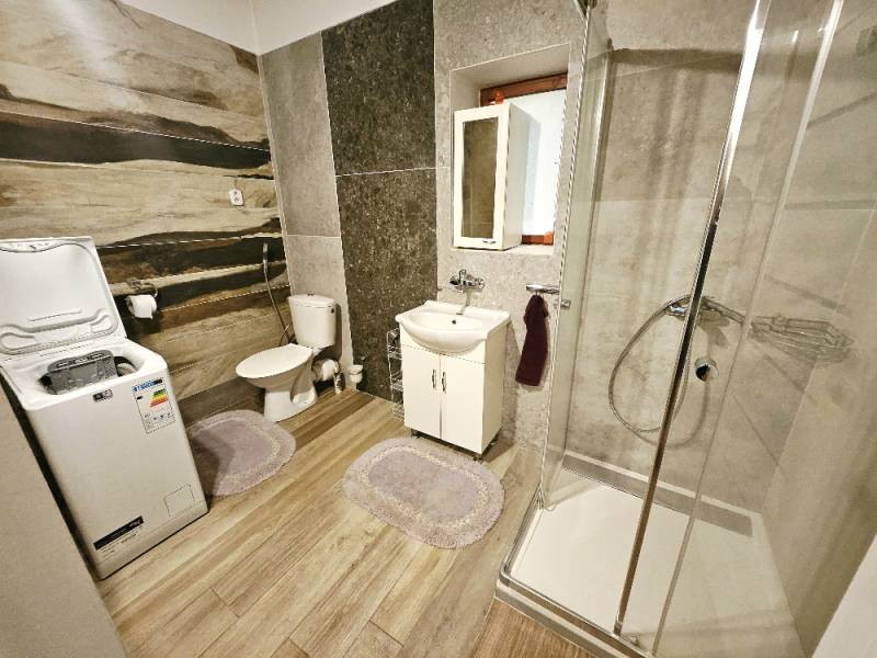 A bathroom in a family house with a washing machine, shower corner, and floor with a wooden decor.