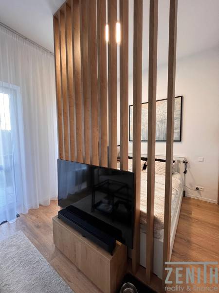 Interior of a 1-room apartment with a television, wooden partition, and floor with a wooden decor.