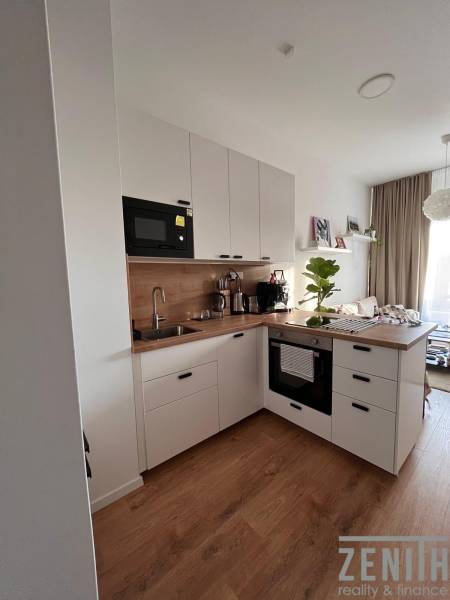 A kitchen in a studio apartment with built-in appliances and a floor with a wood decor.
