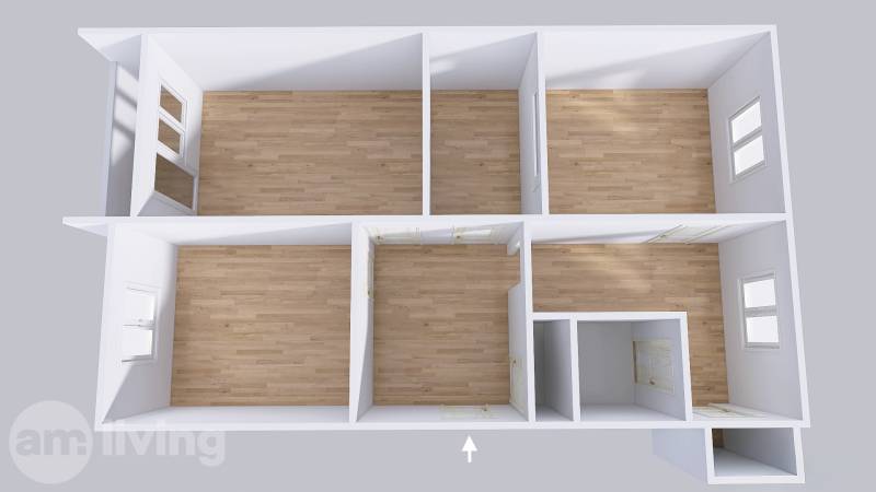 Floor plan of a 3-room apartment with wood-patterned flooring and arranged rooms.