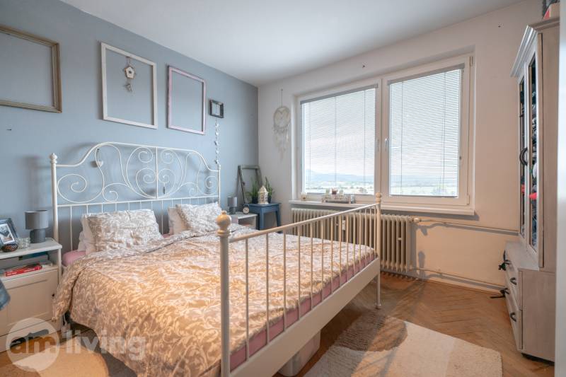 Bedroom with a metal bed, wall decorations, and a wooden decor floor.