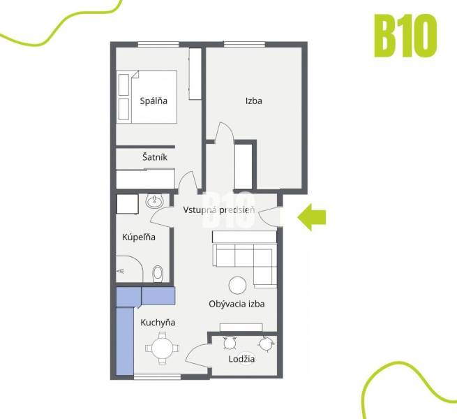 Floor plan of a 3-room apartment with a bathroom, walk-in closet, kitchen, loggia, and living room.