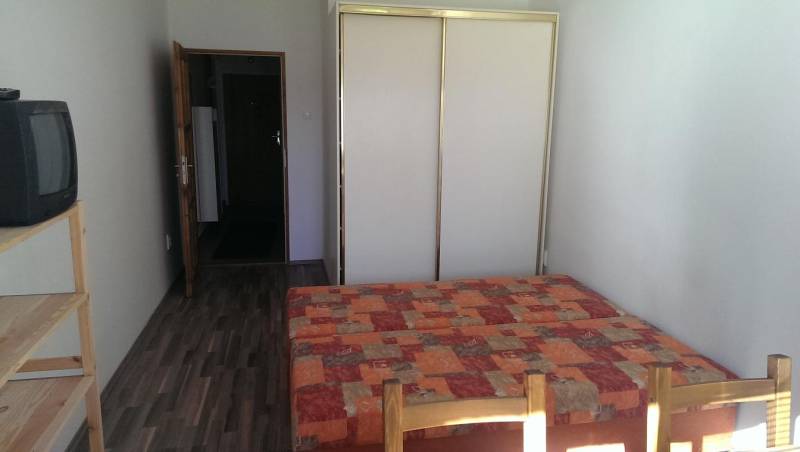 A room in a one-bedroom apartment with a bed, wardrobe, TV, and a floor with a wooden decor.