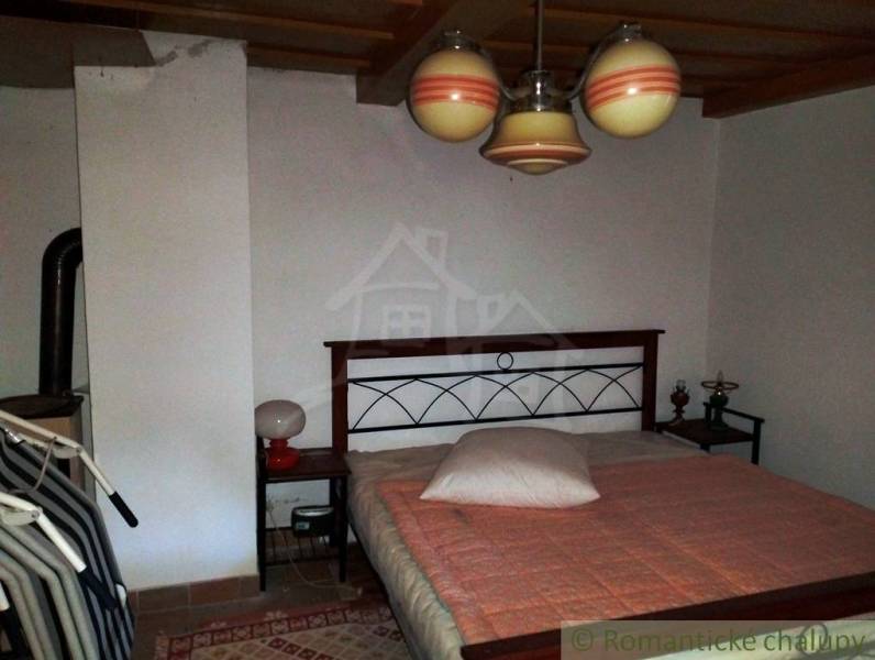 A bedroom with a bed, a lamp, and a ceiling light in a cabin.