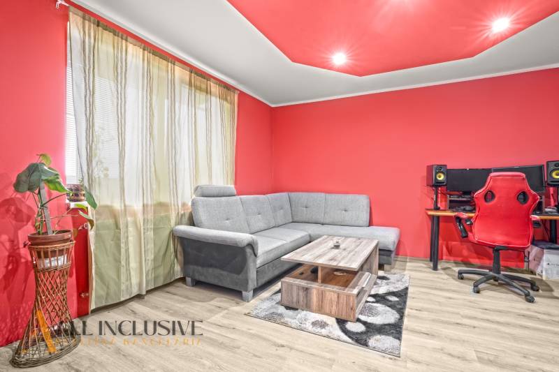Living room in a family house with a gray sofa, red walls, and a wood-patterned floor.