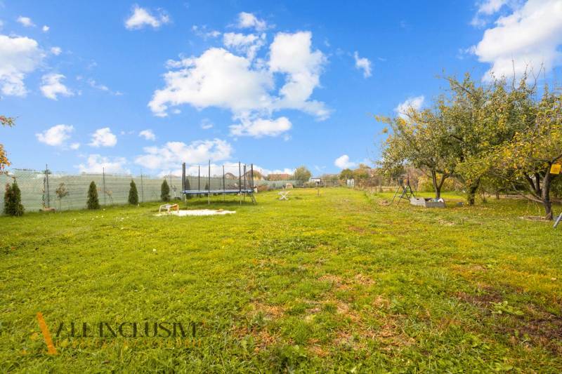 The garden of a family house in Dolné Saliby with a trampoline and fruit trees.
