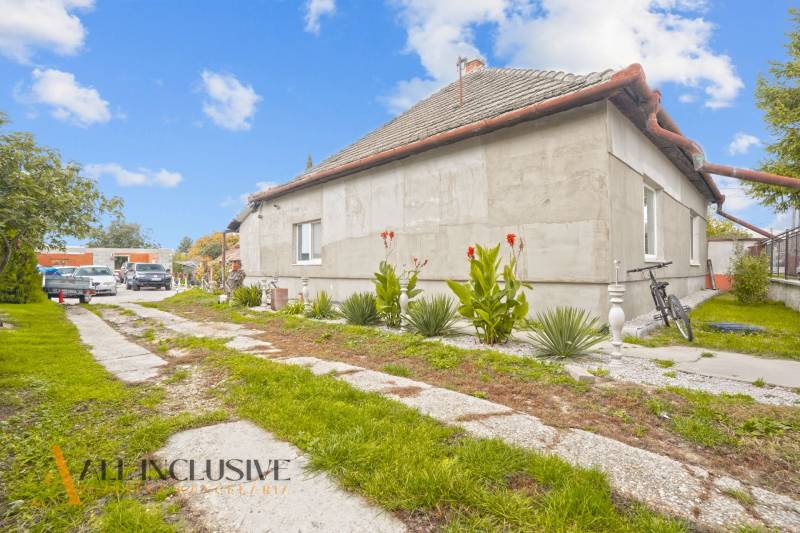 A family house in Dolné Saliby with a yard, plants, and parked cars.