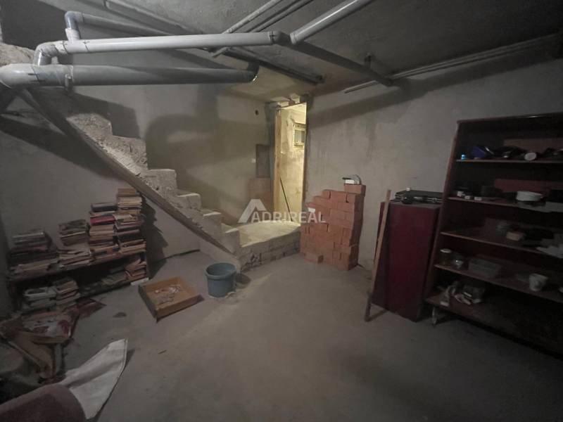 Basement in a family house with concrete stairs, shelves and pipes, found items.