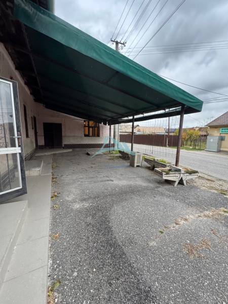 The exterior of a family house in Plášťovce with an asphalt surface and a green roof.