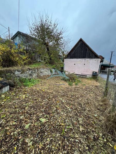 A family house in Plášťovce with a garden, trees, and a stone retaining wall.