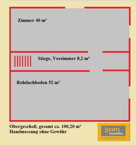 Floor plan of a family house with zones: room 40 m², hallway 8.2 m², attic 52 m².