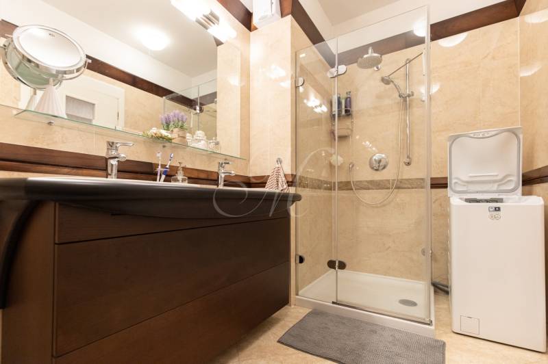 Bathroom with a sink, shower, and washing machine in a 3-room apartment.