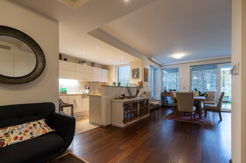 3-room apartment with wood-patterned flooring and a kitchen connected to the dining area.