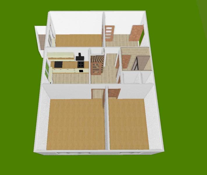 Floor plan of a 3-room apartment with a kitchen and wooden decor flooring.