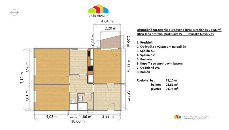 Floor plan of a 3-room apartment with a balcony, flooring with wood decor.
