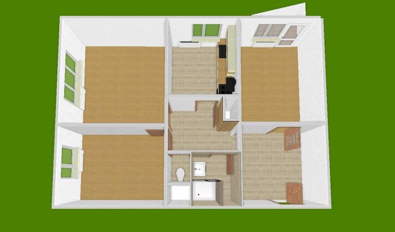 The floor plan of a 3-room apartment shows rooms with wood-patterned flooring and furniture.