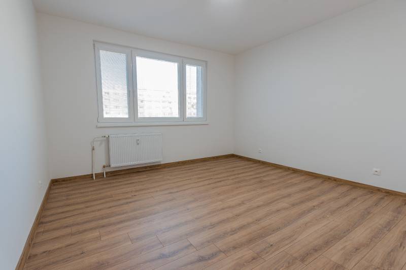 A bright room in a 3-room apartment with a wood-patterned floor and a large window.