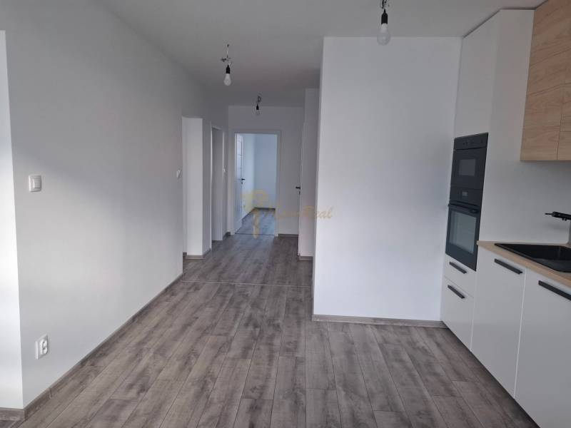The kitchen of a 3-room apartment with a wooden decor floor and white walls.