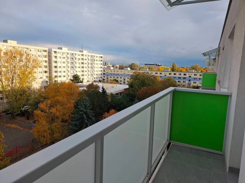 Greenery and apartment blocks in Bratislava - Ružinov from the balcony of a 3-room apartment in autumn.