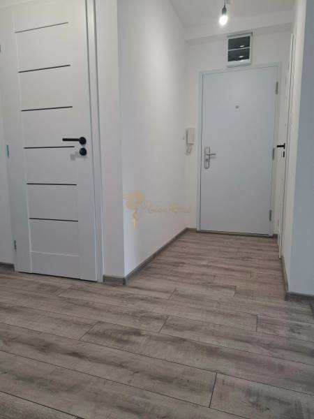 A hallway of a 3-room apartment with a wooden decor floor and white doors.