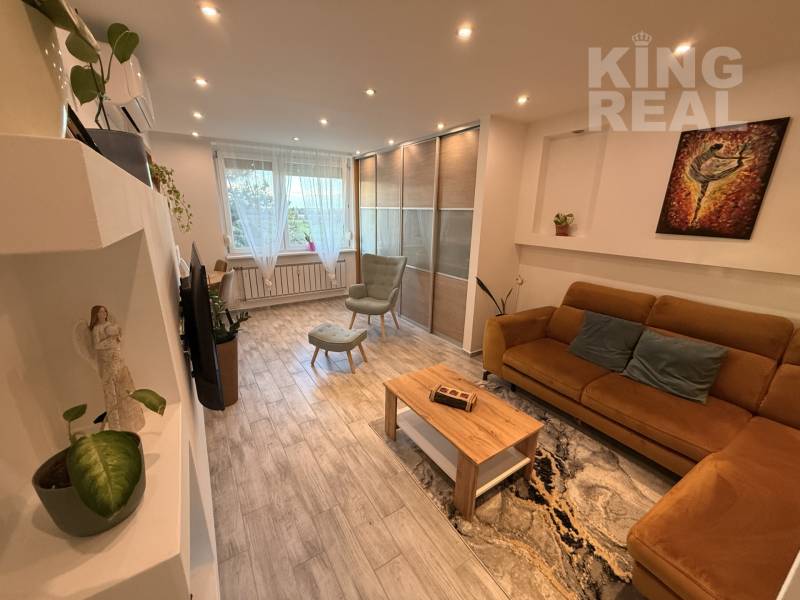 Living room in a three-room apartment with wooden floor decor, a sofa, and flower pots.