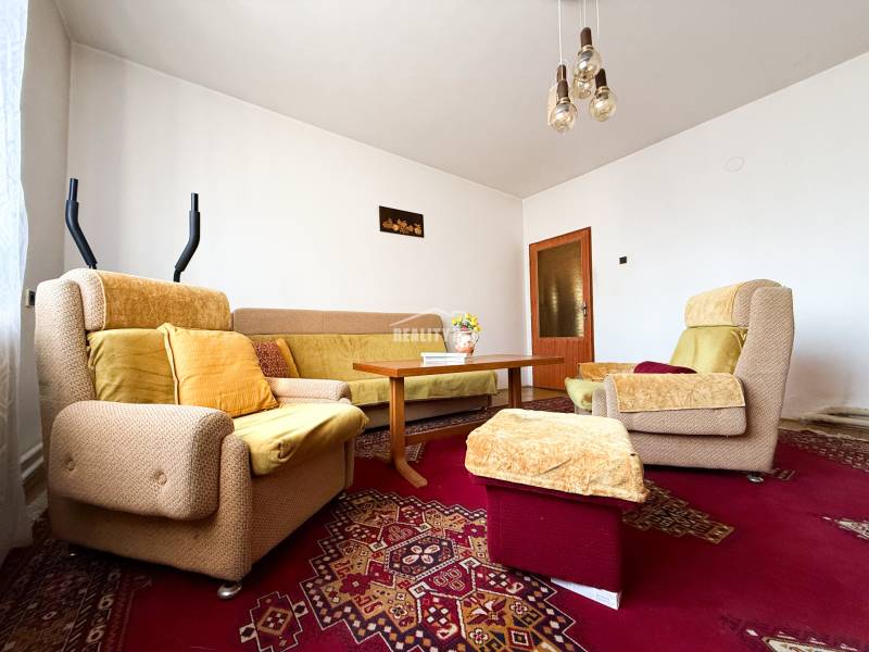 Living room in a family house with comfortable seating on a red oriental carpet.